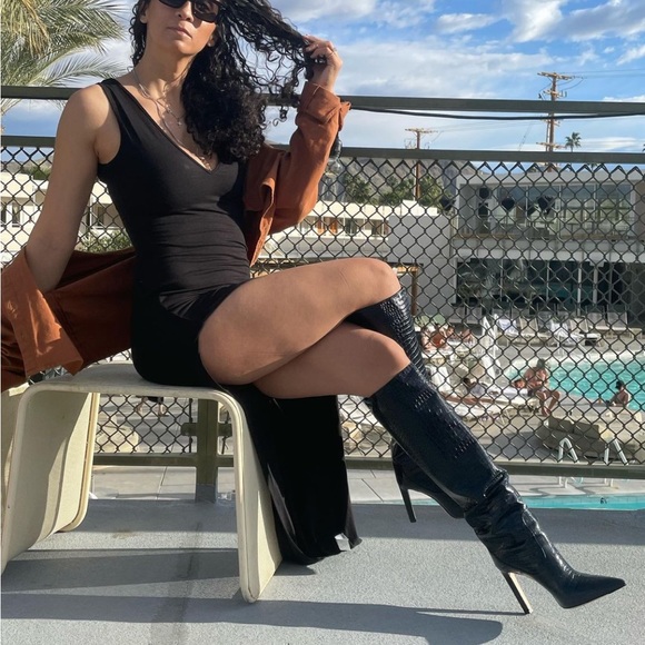 Jimmy Choo Mavis 100 Navy Croc Embossed leather knee high boots - Picture 5 of 7